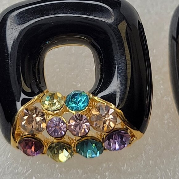 Black Square Earrings With Colorful Crystals - Picture 4 of 9